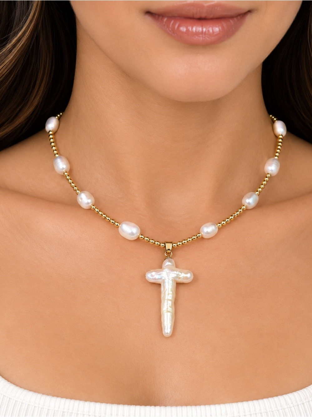 Oshena Designer Beachwear Aphira genuine‎ Pearl cross necklace